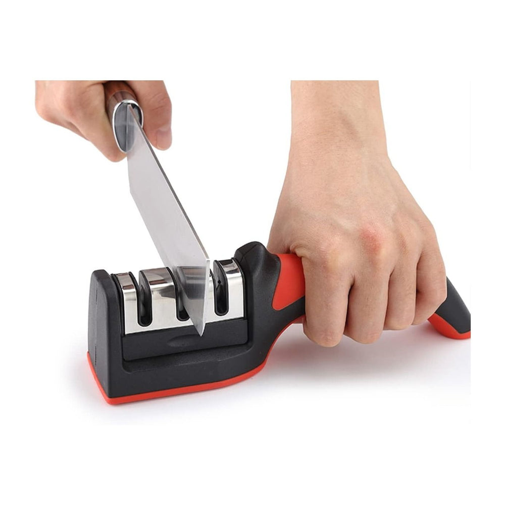 3 in 1 Knife Sharpener with 3 Stages, Handheld Knife Sharpener Helps Repair, Restore, Polish Blades, Including Straight, Serrated Blades and Scissors