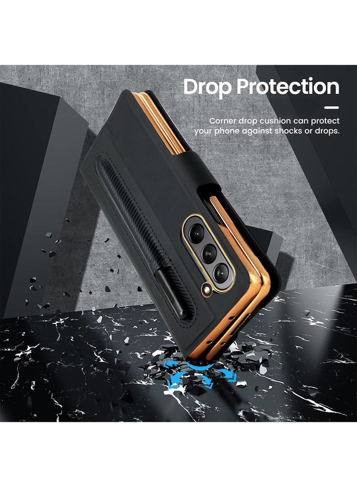 Samsung Galaxy Z Fold 5 Case Cover Luxury Hinge Protection Leather Magnetic Cover Slim Shockproof with Pen Slot Holder Kickstand Anti-Scratch Protective Cover for Samsung Z Fold 5