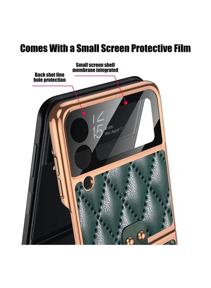 Leather Case / Cover for Samsung Galaxy Z Flip 4 With Stand Ring & Camera Lens Protector - Dark Green Colour