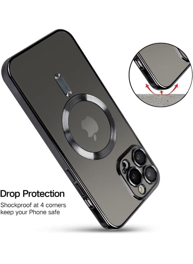 iPhone 15 Pro Case with Camera Lens Protector, Protective Case Compatible with Wireless Charging, Anti-Scratch Shockproof Protective Electroplated iPhone 15 Pro Case for Women Men - Black