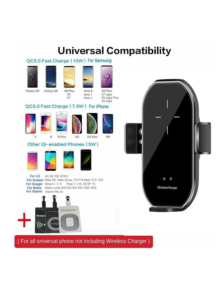 Wireless Car Charger 15W Qi Fast Smart Sensor Auto-Clamping Car Phone Wireless Charger Mount Air Vent Phone Holder for All 4-6.5 Inch Phone Black