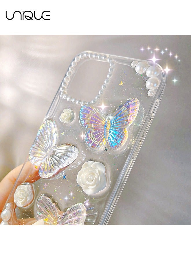 Compatible with iPhone 15 Clear Case 3D Butterfly with Aesthetic Rose Floral  Shiny Girly Phone Case for Women Girls Soft TPU Cover,Clear