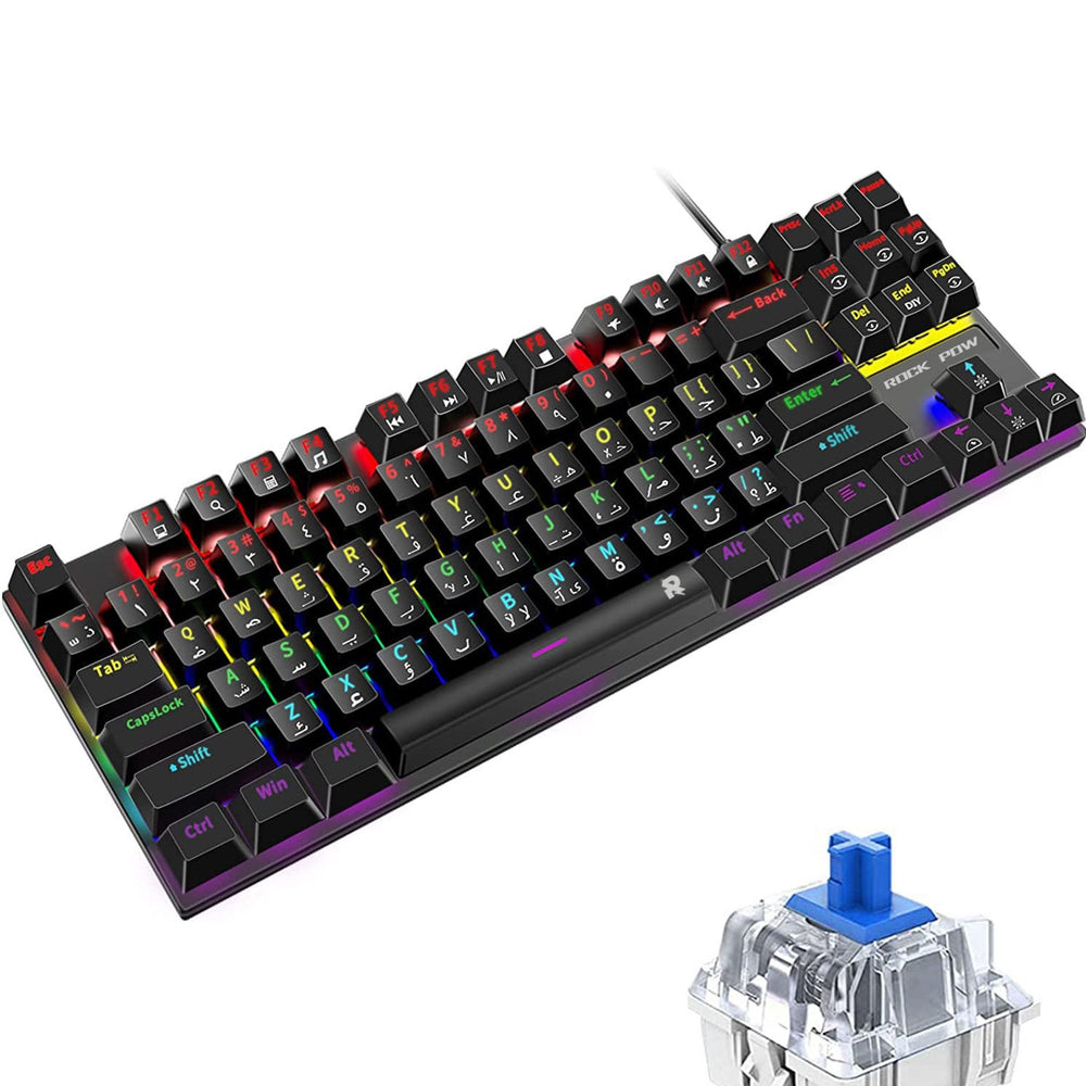 English Arabic Mechanical Gaming Keyboard with RGB LED Rainbow Backlit Quick Response USB Wired E-sport Waterproof 87 Keys Keyboard for Windows/MacOS/Android PC Gamers