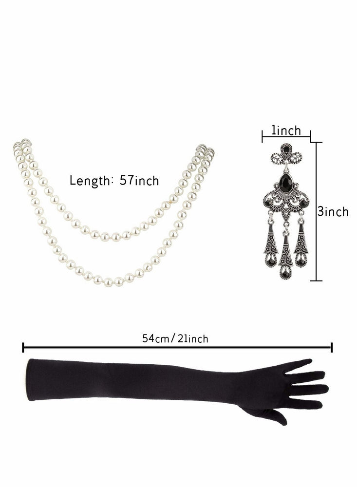 5pcs 1920s Flapper Accessories 20s Gatsby Costume Accessories Set for Women Headband Earrings Pearl Necklace Gloves