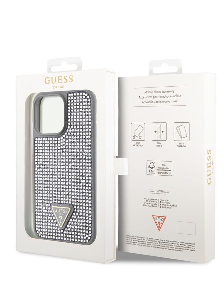 Guess Rhinestone Case with Triangle Logo for iPhone 15 Promax - Silver