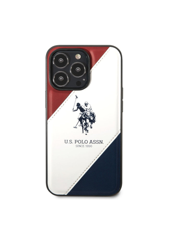 USPA iPhone 14 Pro PU Leather Case With Embossed Double Line & Horse Logo, Full Protection, Easy Snap-On & Slim Profile - Red/White/Navy