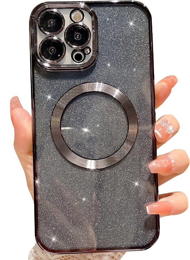 iPhone 15 Pro Max Case with Camera Lens Protector, Glitter Protective Case Compatible with Wireless Charging, Bling Plating Shockproof Protective Cover iPhone 15 Pro Max Case for Women Men - Black