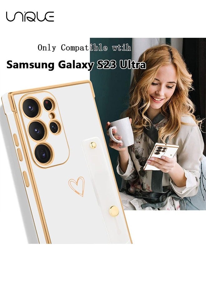 Compatible Samsung Galaxy S23 Ultra 5G Enclosure with Finger Strap Luxury Cute Heart Electroplating Phone Case Full Body Protection Stand Cover for Galaxy S23 Ultra 5G 2023 Female Girl - White