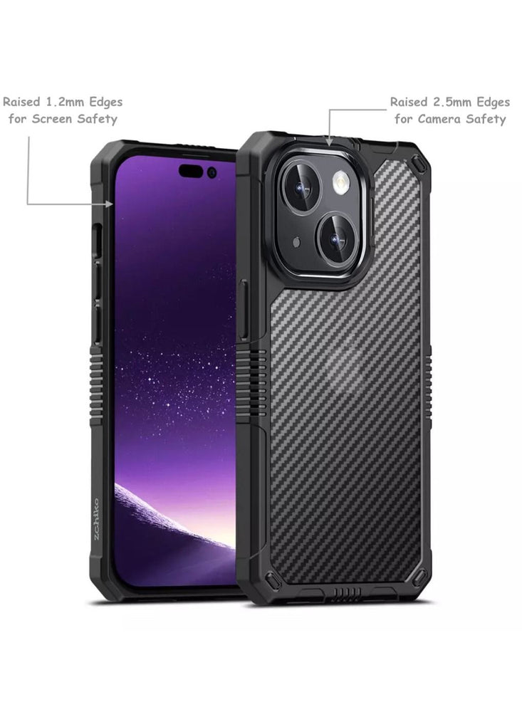 iPhone 14 Case 6.1 inch Military Hard Anti-Explosion Back Ultra Thin Carbon Fibre Case Anti-Drop Shockproof Protection Anti-Scratch Compatible with iPhone 14 Clear Black Cover Black