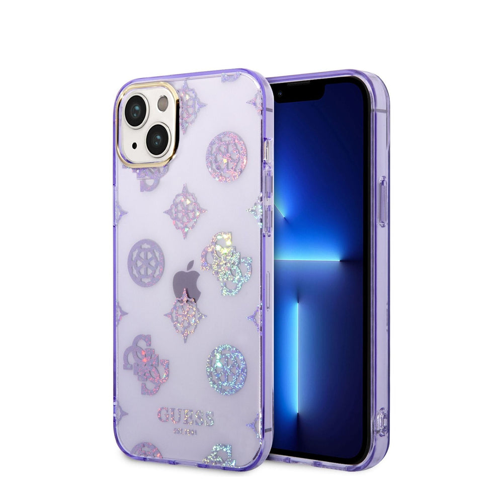 Guess iPhone 14 Plus PC/TPU IML Case With Electroplated Camera Outline & Peony Glitter, Drop & Bumper Protection, Easy Snap-On and Slim Profile - Lilac