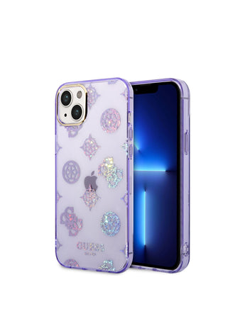 Guess iPhone 14 Plus PC/TPU IML Case With Electroplated Camera Outline & Peony Glitter, Drop & Bumper Protection, Easy Snap-On and Slim Profile - Lilac