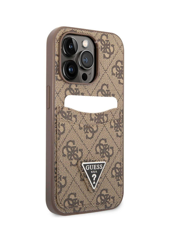 Guess PU Leather Case with Double Card Slot 4G Double Triangle Logo for iPhone 15Pro- Brown