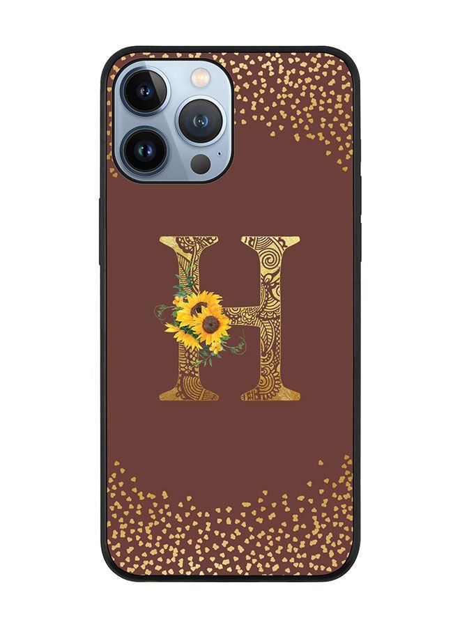 Rugged Black edge case for Apple iPhone 13 Pro Max Slim fit Soft Case Flexible Rubber Edges Anti Drop TPU Gel Thin Cover - Custom Monogram Initial Letter Floral Pattern Alphabet - H (Brown )