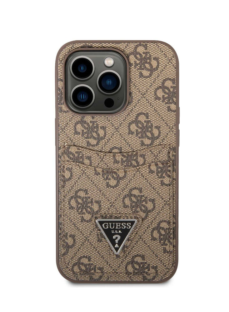 Guess PU Leather Case with Double Card Slot 4G Double Triangle Logo for iPhone 15Pro Max- Brown