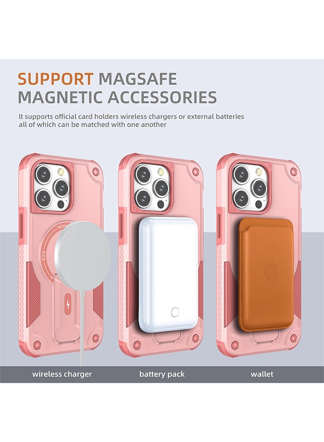 Case For iPhone15 Pro Max Case, Built-in Stand Compatible With MagSafe Military Grade Shockproof Vertical And Horizontal Kickstand Phone Case For iPhone 15 Pro Max - Pink