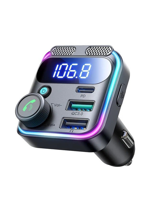 48W Car FM Transmitter, Wireless Bluetooth MP3 Player Radio Adapter Car Kit, Car Fast Charger, Hands Free Calling, Bass Lossless Hi-Fi Sound Black