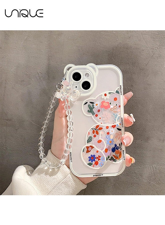 Compatible with iPhone 15 Case, Cute Flowers Bear Camera Protector Clear Case Cover with Lovely Strap Bracelet Chain Girls Women Case for iPhone 15