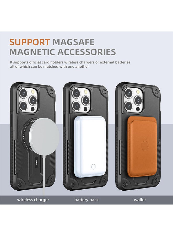 Case For iPhone15 Pro Max Case, Built-in Stand Compatible With MagSafe Military Grade Shockproof Vertical And Horizontal Kickstand Phone Case For iPhone 15 Pro Max - Black