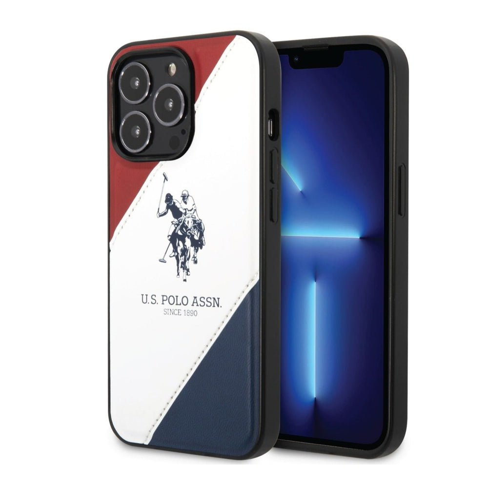 USPA iPhone 14 Pro PU Leather Case With Embossed Double Line & Horse Logo, Full Protection, Easy Snap-On & Slim Profile - Red/White/Navy