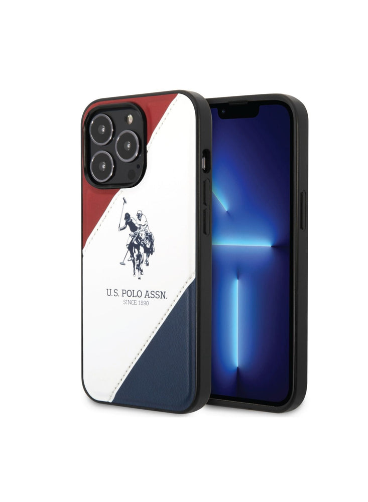 USPA iPhone 14 Pro PU Leather Case With Embossed Double Line & Horse Logo, Full Protection, Easy Snap-On & Slim Profile - Red/White/Navy