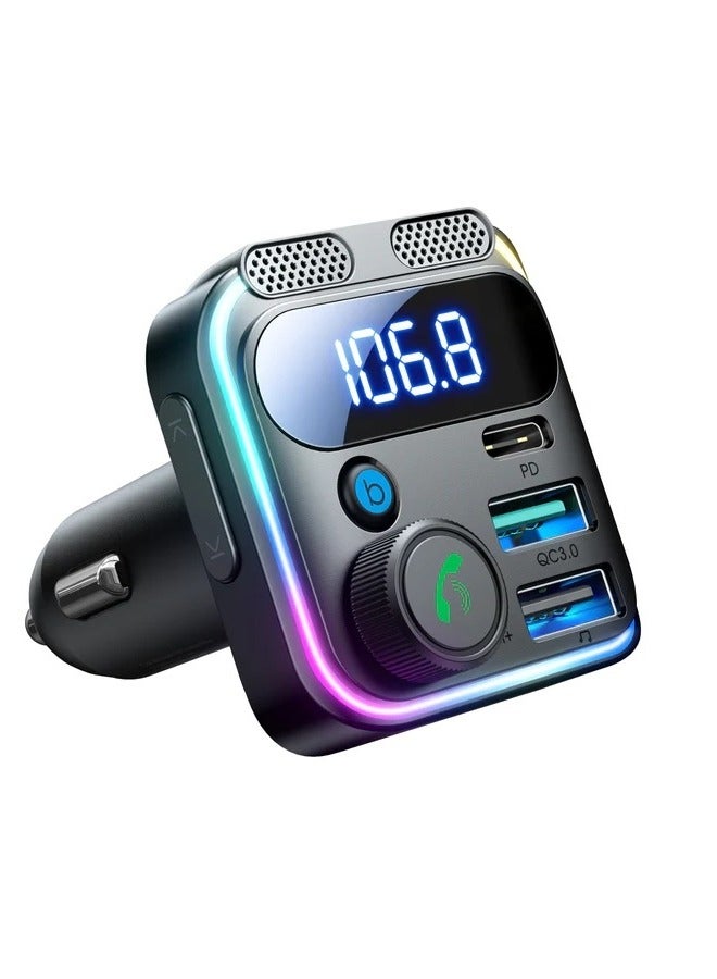 48W Car FM Transmitter, Wireless Bluetooth MP3 Player Radio Adapter Car Kit, Car Fast Charger, Hands Free Calling, Bass Lossless Hi-Fi Sound Black