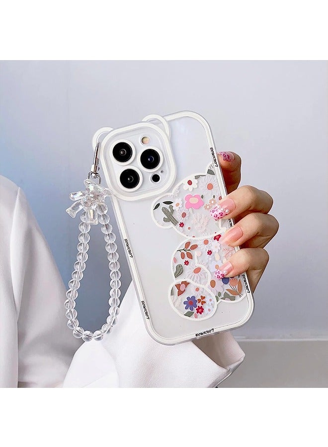 Compatible with iPhone 15 Pro Max Case, Cute Flowers Bear Camera Protector Clear Case Cover with Lovely Strap Bracelet Chain Girls Women Case for iPhone 15 Pro Max