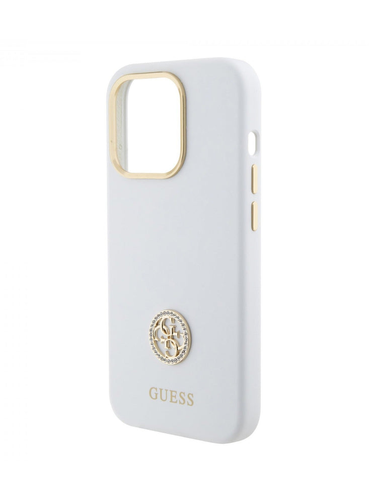 Guess Silicone Case with 4G Strass Logo Case for iPhone 15 Promax - White