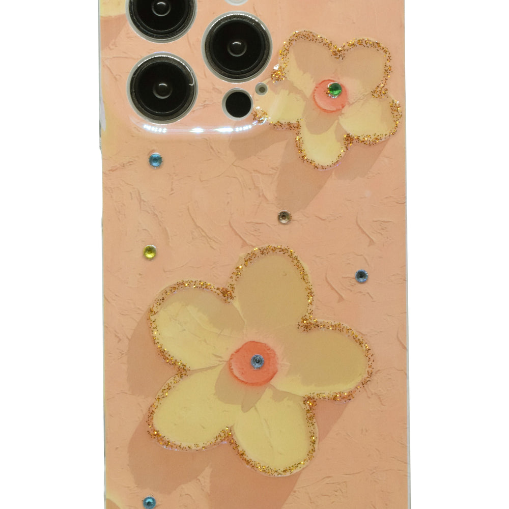 iPhone 14 Pro Cover 6.1 inch with Fashion Luxury Glossy Rhinestones Beautiful Oil Painting Flowers Pattern Design Soft Phone Case Silicone Shockproof Casing Protection Back Cover