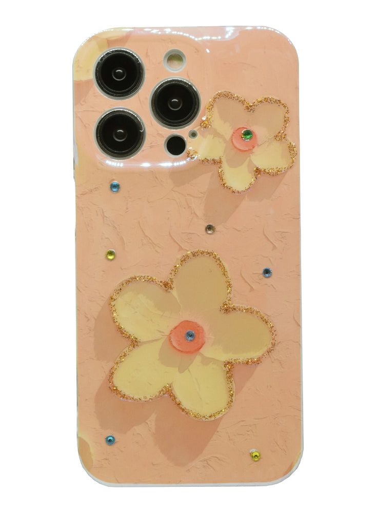 iPhone 14 Pro Cover 6.1 inch with Fashion Luxury Glossy Rhinestones Beautiful Oil Painting Flowers Pattern Design Soft Phone Case Silicone Shockproof Casing Protection Back Cover