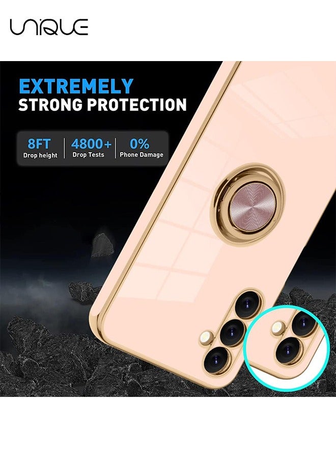 For Galaxy A14 5G Case with Phone Ring Stand Full Body Protection Plated Rose Gold Edge Luxury Case for Samsung Galaxy A14 5G-Pink