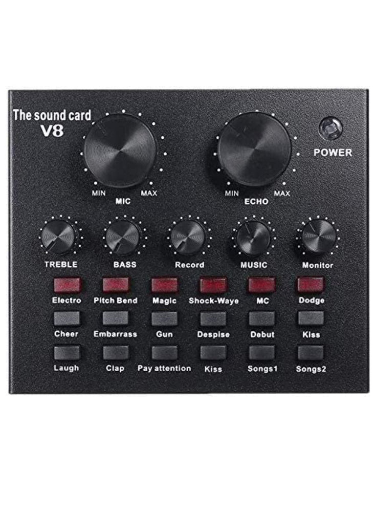 V8 Multifunctional Live Sound Card USB Audio Interface Intelligent Volume Adjustable Audio Mixer Sound Card for Recording Hosting Speech