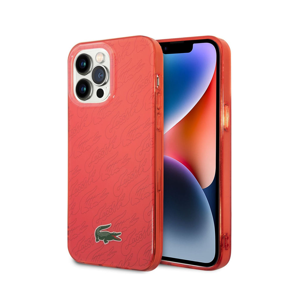 Lacoste iPhone 14 Pro Max Hard Case IML Double Layer & Dyed Bumper Signature Pattern, Scratch Protection & Easy Snap-On - Red