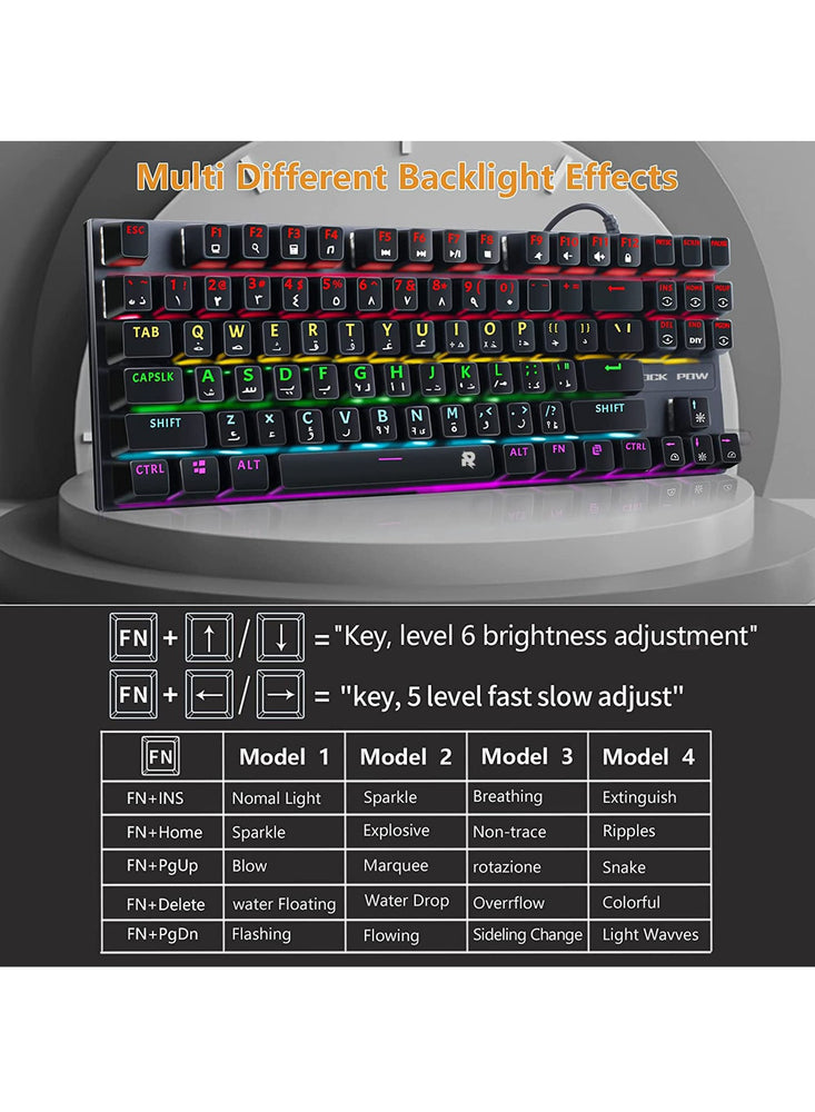 English Arabic Mechanical Gaming Keyboard with RGB LED Rainbow Backlit Quick Response USB Wired E-sport Waterproof 87 Keys Keyboard for Windows/MacOS/Android PC Gamers