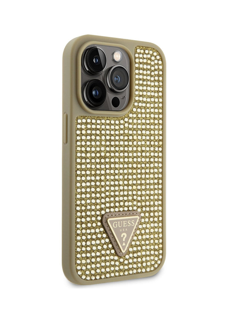 Guess Rhinestone Case with Triangle Logo for iPhone 15 Promax - Gold