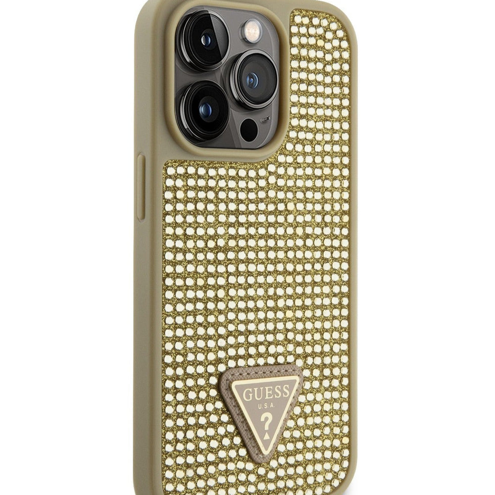 Guess Rhinestone Case with Triangle Logo for iPhone 15 Promax - Gold