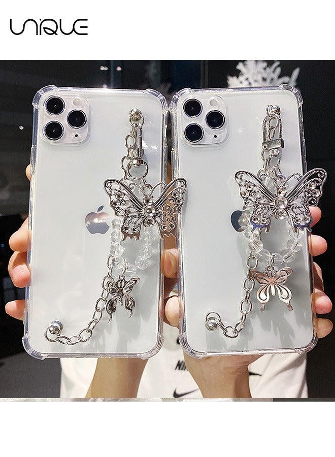 Girls Women Beautiful Elegant Butterfly Transparent Soft Silicone Rubber Phone Case for iPhone 15 Pro Max +Metal Butterfly Strap Bracelet Chain Lanyard Full Body Strong Protection