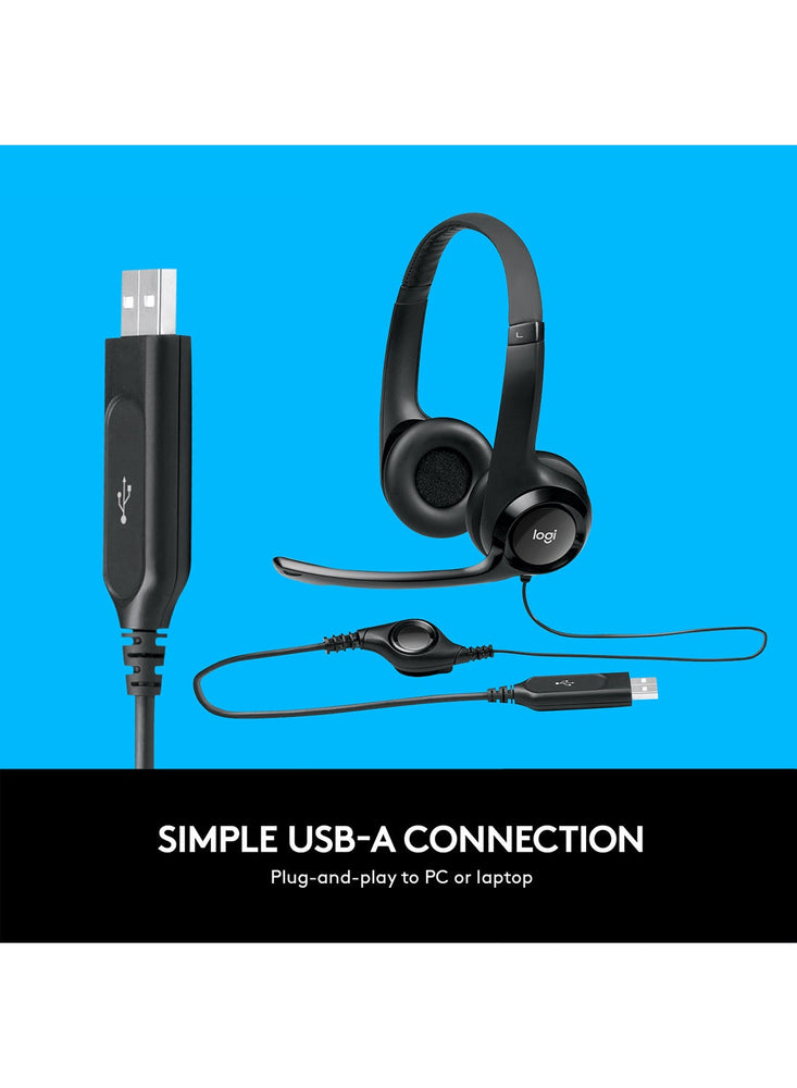 H390 Wired Headset, Stereo Headphones With Noise-Cancelling Microphone, USB, In-Line Controls, PC/Mac/Laptop Black