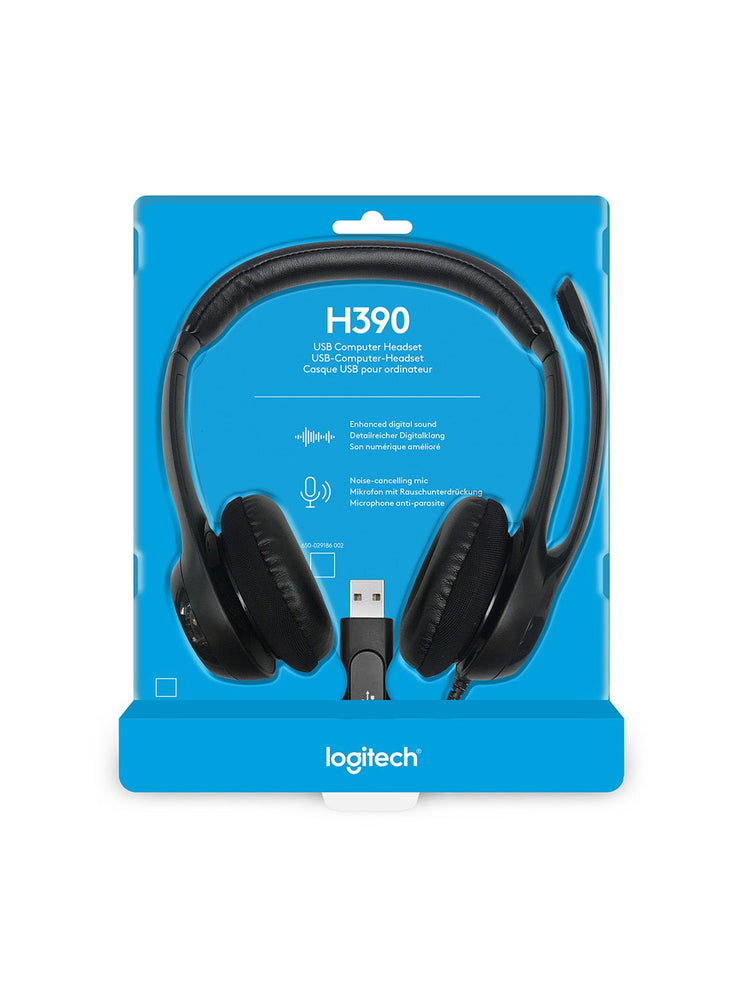 H390 Wired Headset, Stereo Headphones With Noise-Cancelling Microphone, USB, In-Line Controls, PC/Mac/Laptop Black