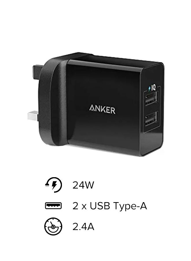 24W 2-Port USB Wall Charger Adapter Black