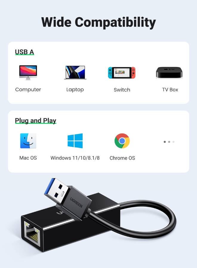 USB 3.0 Ethernet Adapter USB to RJ45 Network 1000Mbps Gigabit LAN Ethernet Internet Adapter Compatible with MacBook, PC, Switch, Surface, Chromebook, Windows 11/10/8.1/8/7, MAC OS, IOS, Linux Black