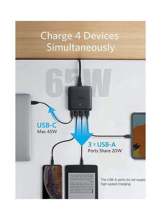 4 Port PIQ 3.0&GaN Fast Charger Adapter, PowerPort Atom III Slim Wall Charger With A 65W Power Delivery Port USB-C Black