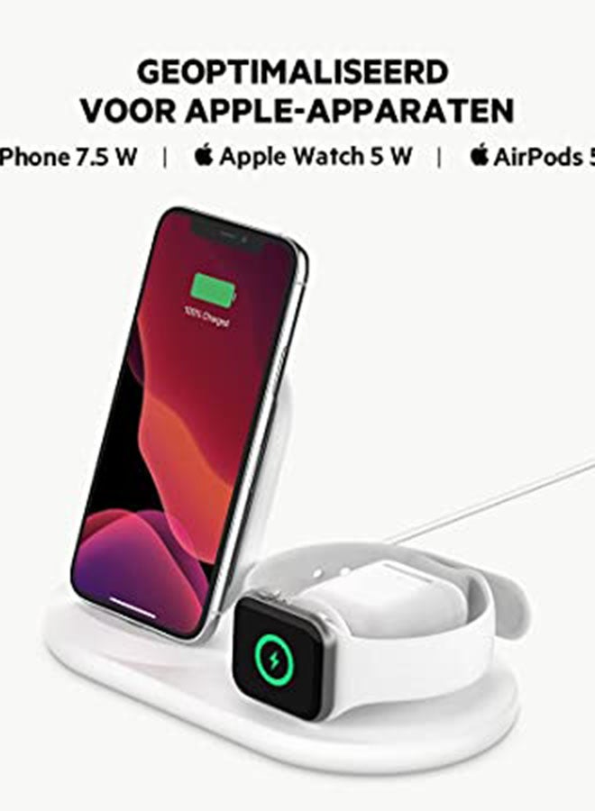 BoostCharge Pro 3-In-1 Wireless Charger - 7.5W Fast Qi Certified For iPhone 15/14/13/12/11 Series, Earlier Models, Apple Watch Series 5/4/3/2/1, Airpods Pro And QI Enabled Devices White