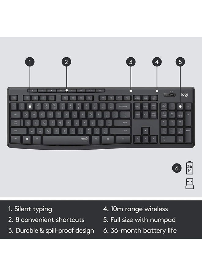 MK295 Silent Wireless Keyboard and Mouse Combo, 10m Wifi Range, 2.4GHz Wireless, Nano USB Receiver, Silent Touch Technology,English-Arabic Layout Black