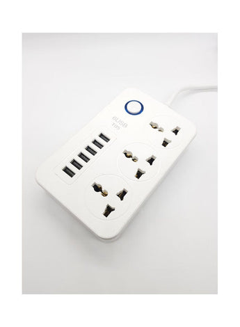 3 Socket 6 USB Port Universal Plug Extension White 150x97x30mm