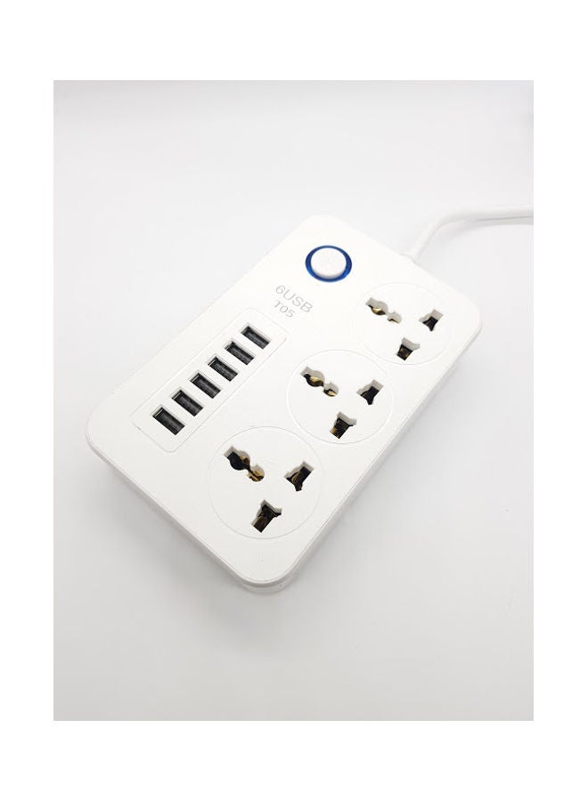 3 Socket 6 USB Port Universal Plug Extension White 150x97x30mm