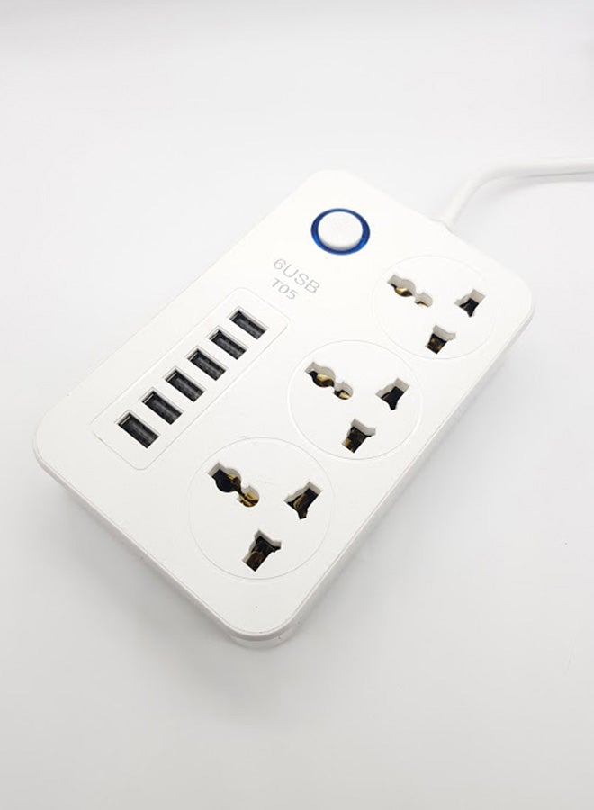 3 Socket 6 USB Port Universal Plug Extension White 150x97x30mm