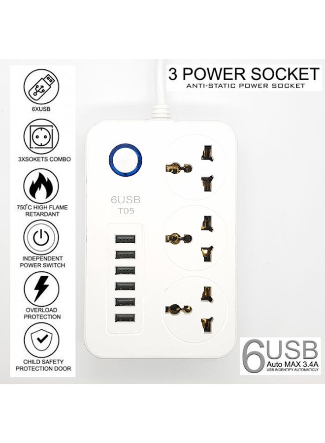 3 Socket 6 USB Port Universal Plug Extension White 150x97x30mm