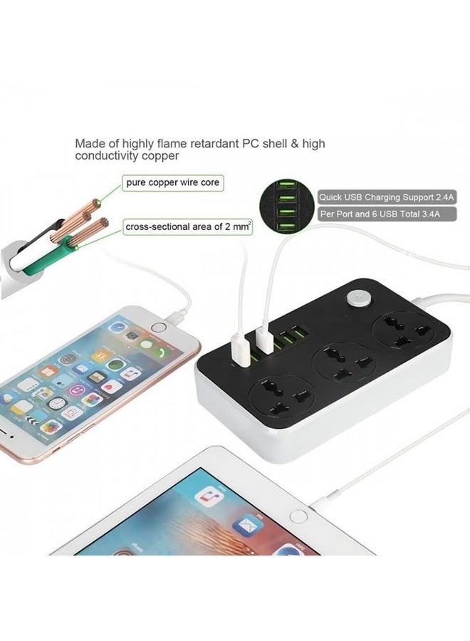 3 Socket 6 USB Port Universal Plug Extension White 150x97x30mm