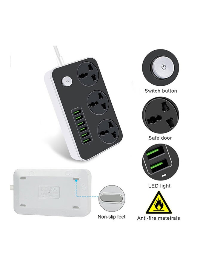 3 Socket 6 USB Port Universal Plug Extension White 150x97x30mm