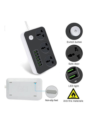 3 Socket 6 USB Port Universal Plug Extension White 150x97x30mm